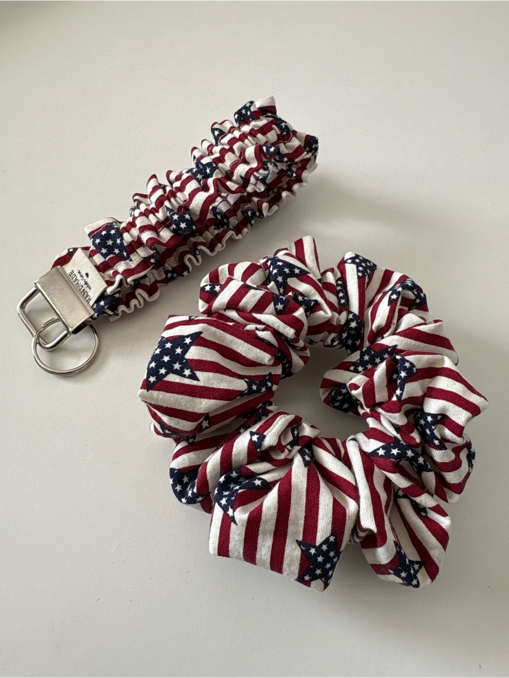Set of 2 Patriotic Handmade Fluffy Hair Scrunchie and Ruffled Stretchy Keychain